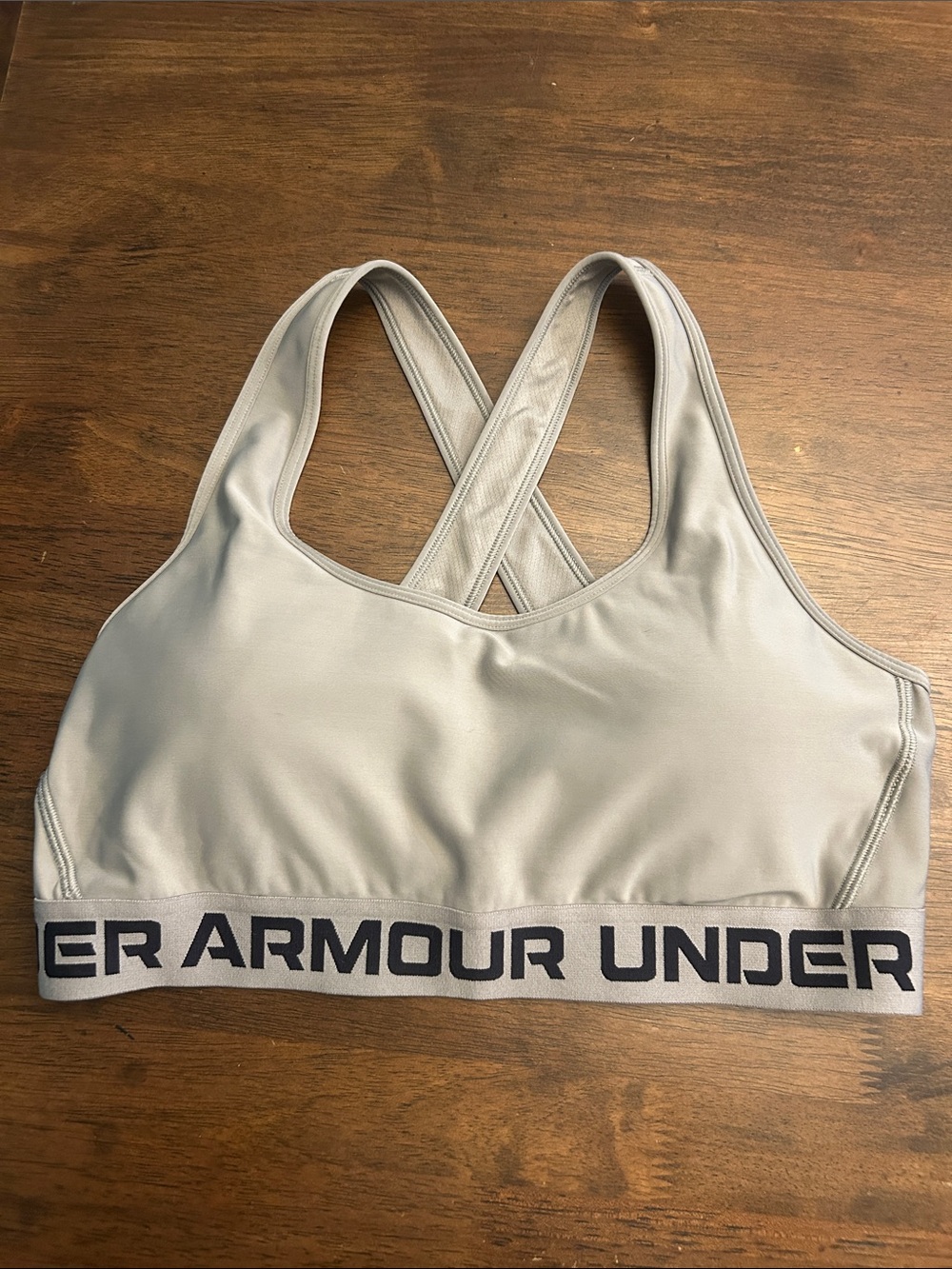 Under Armour Light Gray Cross-Back Sports Bra with Branded Band